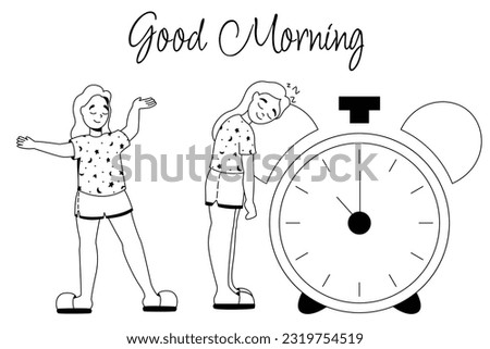  set of line vector illustrations good morning, wake up in the morning, wake up with an alarm clock, sleepy girl in pajamas