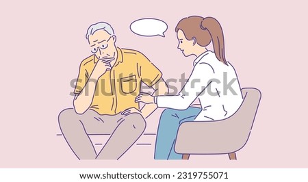overcome psychotherapy scene between senior man and psychiatrist outline flat vector illustration Royalty-Free Stock Photo #2319755071