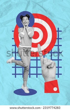 Vertical collage picture of impressed black white colors mini girl big arm point finger darts board target isolated on paper background