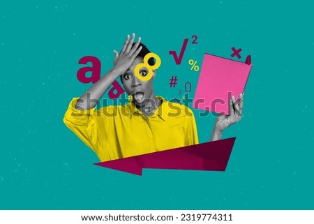 Minimal collage 3d pinup artwork of clever woman reading notebook planner information solving formulas isolated on blue color background