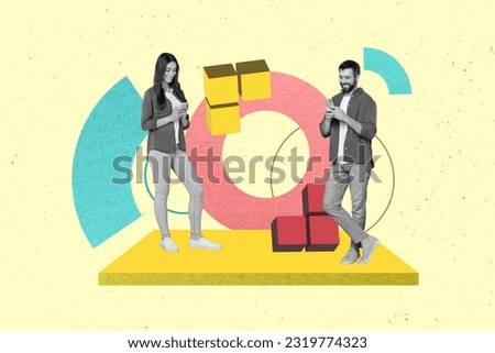 Collage 3d pinup pop retro sketch image of funny guy lady paying tetris modern devices isolated painting background