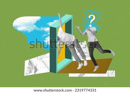 Photo collage picture of headless guy puzzled walking unknown door isolated green color background