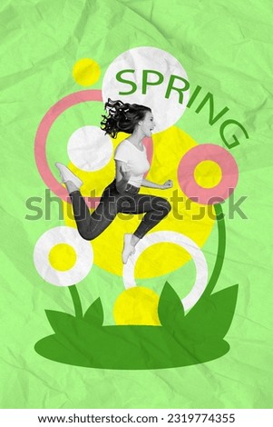 Picture collage greeting card image of positive crazy carefree girl running store hurry seasonal sale isolated on drawing green background