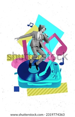 Poster sketch collage image of miniature retired guy enjoy party karaoke club sing hit 90s have fun isolated on white color background Royalty-Free Stock Photo #2319774363