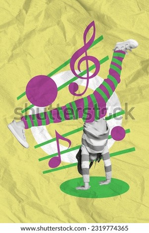 Vertical artwork poster collage picture of crazy funky child dancing hiphop outside isolated on drawing background