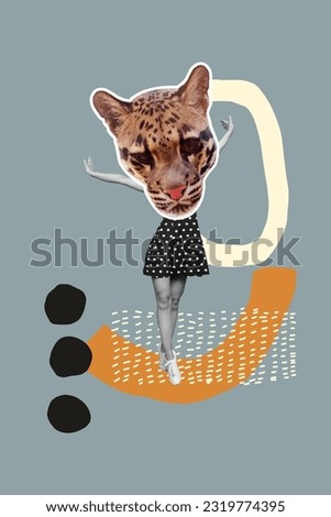 Vertical illustration poster collage picture of headless girl wear mask wild leopard dancing new skirt fits isolated on grey background
