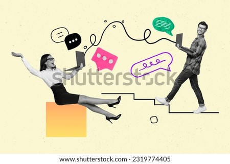 Composite photo collage of two business colleagues remote connection chatting about daily tasks use laptops isolated on beige background
