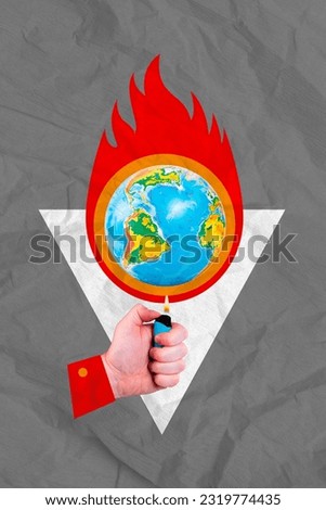 Photo collage advert artwork picture of human arm burning lighter destruction damage world catastrophe isolated drawing background