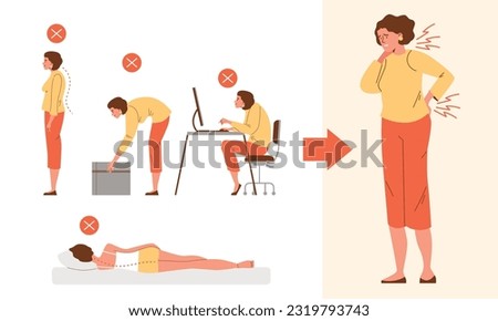 Infographic with woman about bad posture flat style, vector illustration. Back and neck problem, wrong working and sleeping poses, slouch, health and medicine. Pain and discomfort