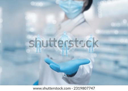 Doctor showing patients on a blurred background of a pharmacy.