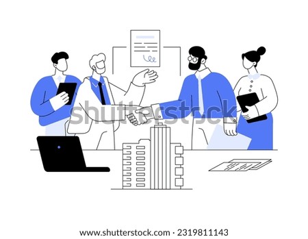 Investing in real estate abstract concept vector illustration. Business people signing contract about buying or renting property, brokerage company business, shaking hands abstract metaphor.
