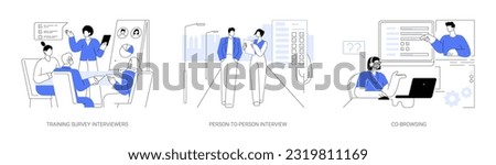 Opinion poll abstract concept vector illustration set. Training survey interviewers, person-to-person interview, co-browsing with respondent, sociological survey, social science abstract metaphor.