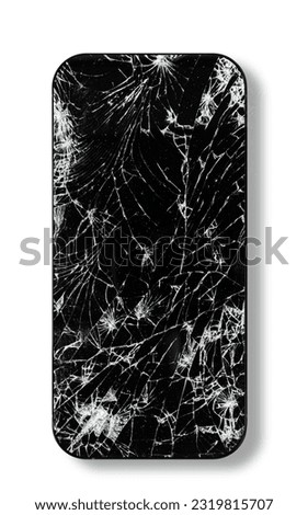 Black broken touch screen phone with cracked screen. Smashed glass