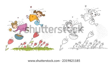 Cute cartoon fairies are flying over the flowers. Little girls.  Illustration for coloring books. Monochrome and colored versions. Vector