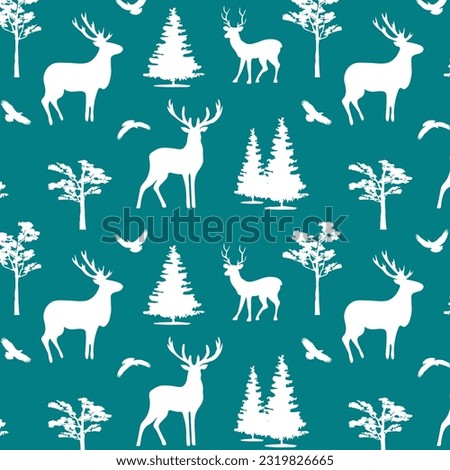 Silhouettes of deer and trees in a pattern.Vector seamless pattern with silhouettes of deer, birds and trees on a colored background.