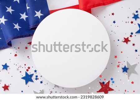 Independence Day of America concept. Top view photo of empty circle surrounded by star-shaped sparkles and american flag at the top on white isolated background with copy-space