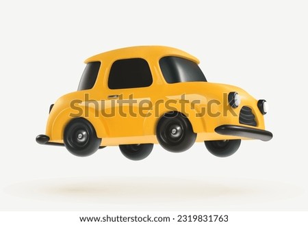 3d cartoon toy car yellow color vector design element on the light background. Kids vehicle. Baby transport mode