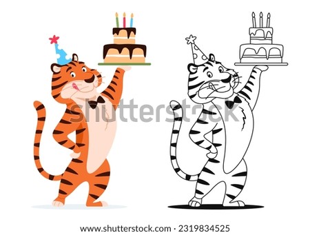 Coloring book. Funny cartoon tiger with Birthday cake on white background. Cute animal character for kids preschool activity. Black and white outline worksheet design Coloring page illustration