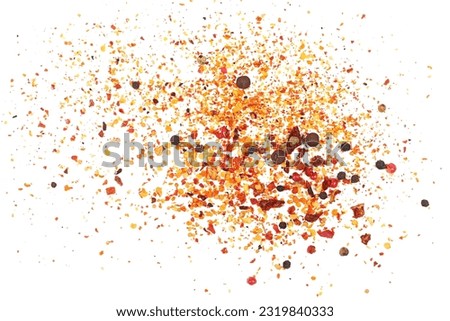 Spicy mixture of spices with chopped lemon peel, chili, peppercorns (black, green and red), mustard seeds, allspice, chopped ginger, isolated on white, top view Royalty-Free Stock Photo #2319840333