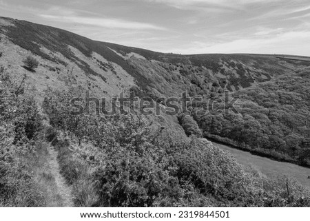 Black and white photo of the Doone valley in Exmoor National Park