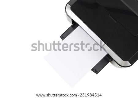 Printer and paper isolated on white background