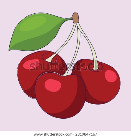Realistic cherry with fresh leaves, red juicy on a pink background for design. Beautiful pattern