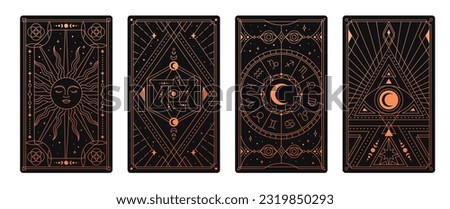 Esoteric tarot card set. Magic poster for divination and prediction of fate. Geometric sacred print with astrology and destiny. Occult mystical symbol and natal chart. Cartoon flat vector illustration Royalty-Free Stock Photo #2319850293