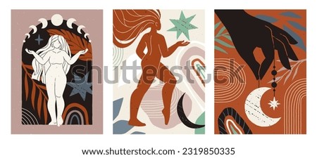 Esoteric posters set. Sacred magical goddess in boho style. Abstract mythical banners with woman healing meditation and zen. Tarot, Reiki and spirituality concept. Cartoon flat vector illustrations Royalty-Free Stock Photo #2319850335