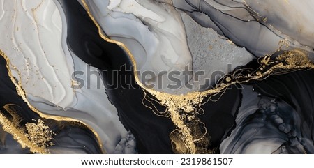 High resolution. Luxury abstract fluid art painting in alcohol ink technique, mixture of black, gray and gold paints. Imitation of marble stone cut, glowing golden veins. Tender and dreamy design. Royalty-Free Stock Photo #2319861507