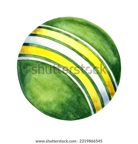 Watercolor illustration of a rubber green ball. Toy for kindergarten or schoolchildren. Sports, entertainment, education. Clip art for fabric textile baby clothes, wallpapers, wrapping paper, packagin