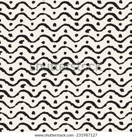 Vector seamless pattern. Abstract background made with brush strokes. Monochrome hand drawn texture. Waves and dots