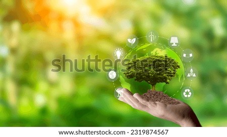 Planting trees with the hands for environmentally friendly, eco earth day , friendly energy, Net zero 2050 ESG eco concept and wind eco green energy system icon around on green background.