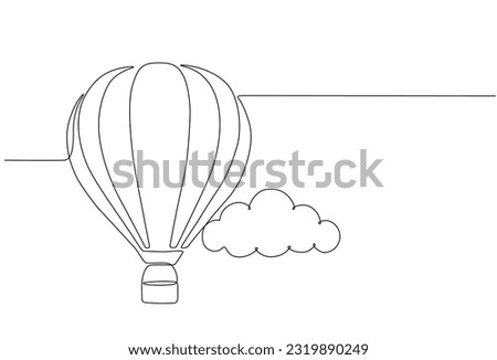 Continuous line drawing of hot air balloon in sky with clouds. hot air balloon icon in single line doodle style.One line design, hot air balloon in the sky with clouds background