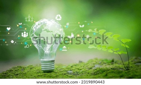 Globe bulb and renewable energy icons concept of sustainable development environment green business Royalty-Free Stock Photo #2319890443