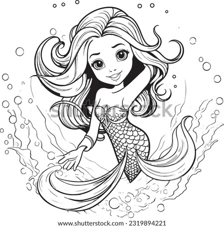 A cute baby mermaid princess coloring illustration for toddler