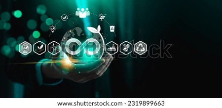 Businessman hold circular economy icon. economic system that aims to minimize waste and maximize resource efficiency, sustainable strategies to eliminate waste and pollution for future business growth Royalty-Free Stock Photo #2319899663