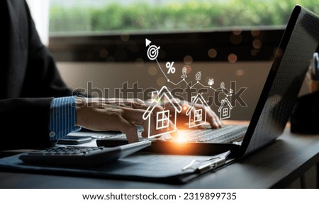Real estate investment goals concept, buy house, location, energy efficiency rating and property value, Real estate online on virtual screens. home search, land price, real estate market
