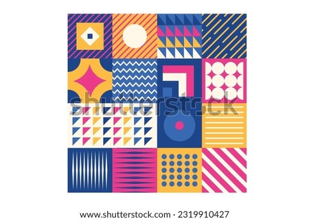 Colorful geometric poster. Grid with color geometrical shapes.