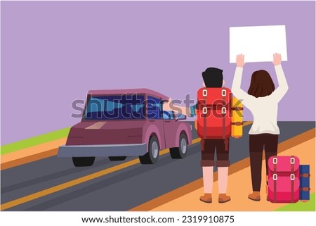 Cartoon flat style drawing back view of happy couple tourists with backpacks, camping stuff hitchhiking on road and thumbing car. Hiking and adventure icon concept. Graphic design vector illustration