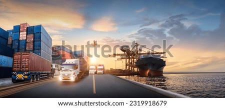 Container truck in ship port for business Logistics and transportation of Container Cargo ship and Cargo plane, logistic import export and transport concept Royalty-Free Stock Photo #2319918679