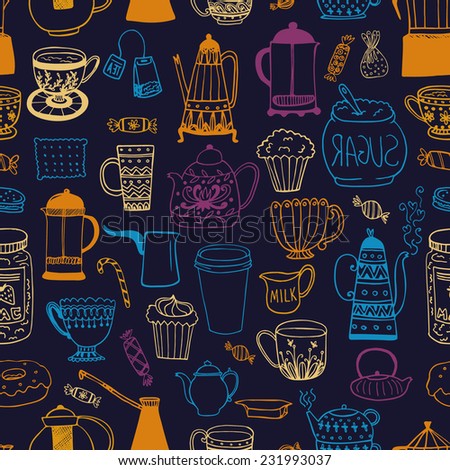 The seamless vector pattern with coffee and tea kettles. Cups, sweets, candies. Food and drinks. Hand drawn vector background