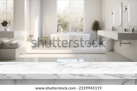 Empty marble top table with blurred bathroom interior Background. for product display montage Royalty-Free Stock Photo #2319945119