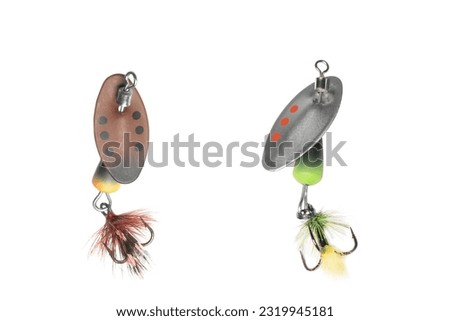 Metal fishing lure isolated on white background. Spinner lure isolated. Royalty-Free Stock Photo #2319945181