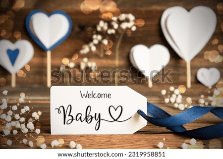 Label With English Text Welcome Baby. White Festive And Atmospheric Decoration Like Hearts, Flowers And A Blue Bow. Vintage, Wooden Background With Sparkling Light.