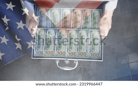A metal suitcase filled American 100 dollar bills. Double exposure. Investment, bribe, corruption concept. 
