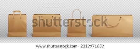 Craft brown paper bag and handle vector mockup. Shopping package mock up to carry food front view icon merchandising design collection. 3d retail reusable branding merchandise illustration Royalty-Free Stock Photo #2319971639
