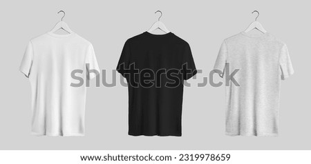 Mockup of white, black, heather t-shirt on hanger, back view, presentation of clothes for advertising, commerce, isolated on background. Apparel set for brand design. Men's shirt template