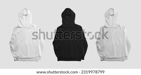 Mockup of white, black, heather hoodie, front view, presentation of sweatshirt with folded hood, isolated on background. Template of loose clothes with wrinkles, place for design. Streetwear set