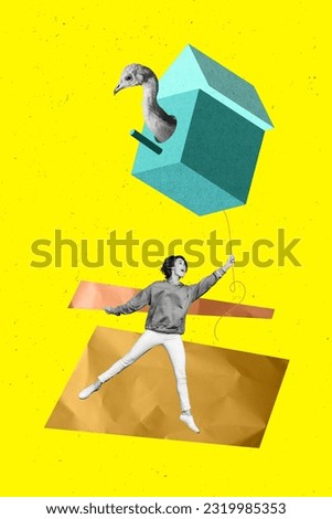 Collage artwork graphics picture of excited carefree lady holding bird house balloon isolated yellow color background