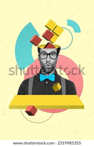 Collage retro sketch image of impressed funky guy getting news technical knowledge isolated beige color background Royalty-Free Stock Photo #2319985355